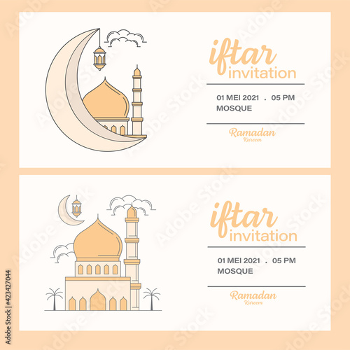 Ramadan kareem iftar invitation line art vector design template, mosque, moon, lantern