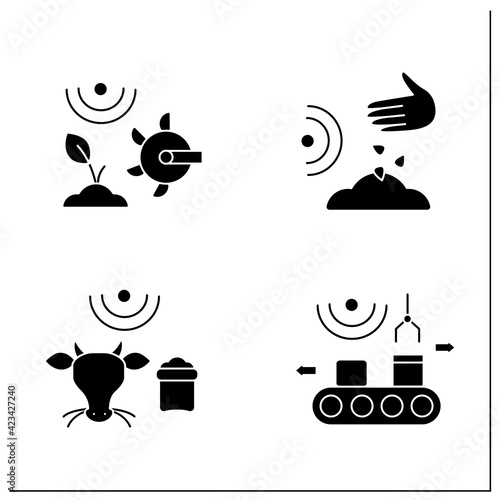 Smart farm glyph icons set. Consist of products packing, planting seeds, soil tilling, feeding livestock.Agricultural innovation concepts.Filled flat signs. Isolated silhouette vector illustrations