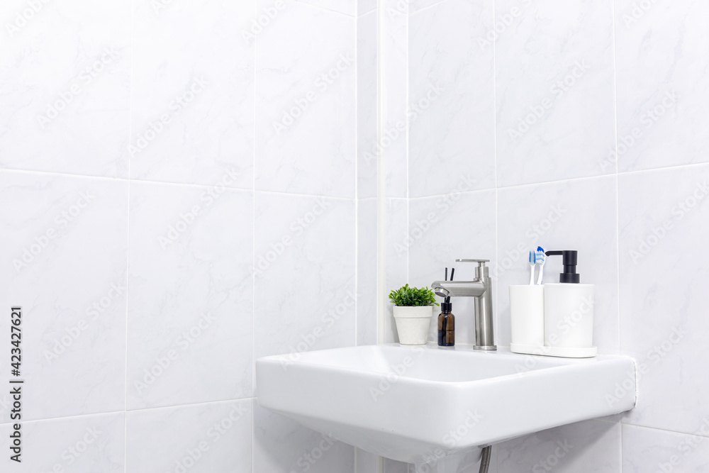 Fototapeta premium White toilet and flush toilet and washbasin