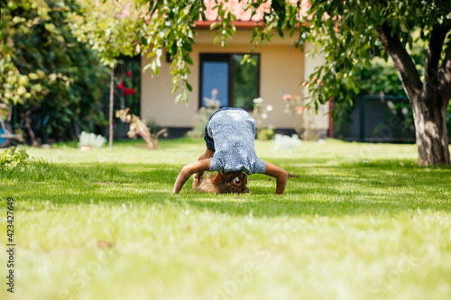 Foto Active little girl makes a somersault on the backyard