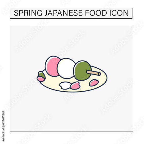 Sanshoku dango color icon. Rice balls or dumplings on stick.Traditional dish.Spring Japanese food concept. Isolated vector illustration