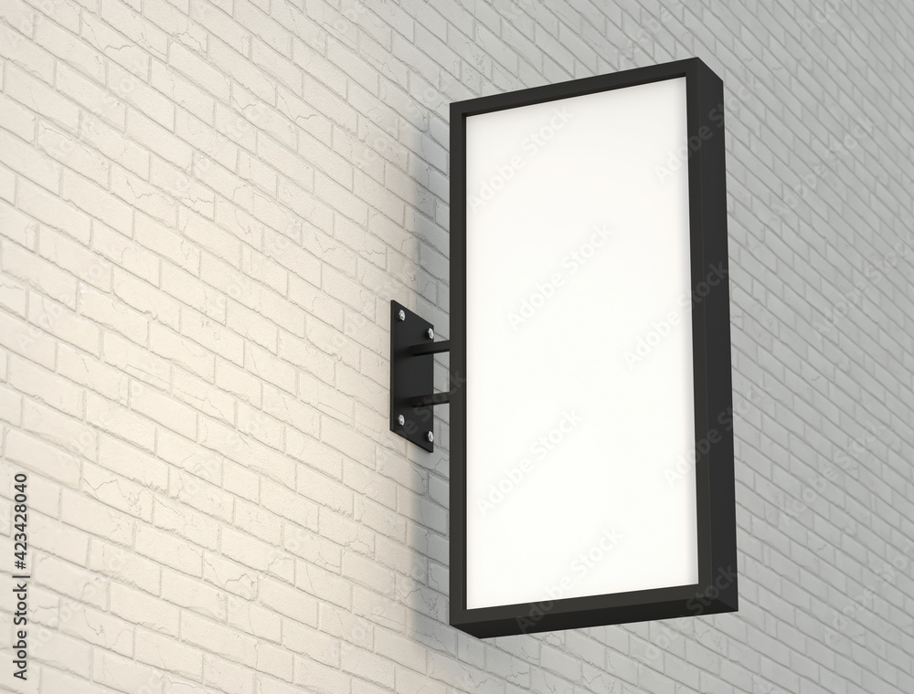 Blank vertical light box on brick wall background, 3d render Blank vertical light box on brick wall background, 3d render