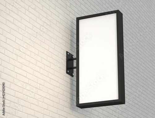 Blank vertical light box on brick wall background, 3d render