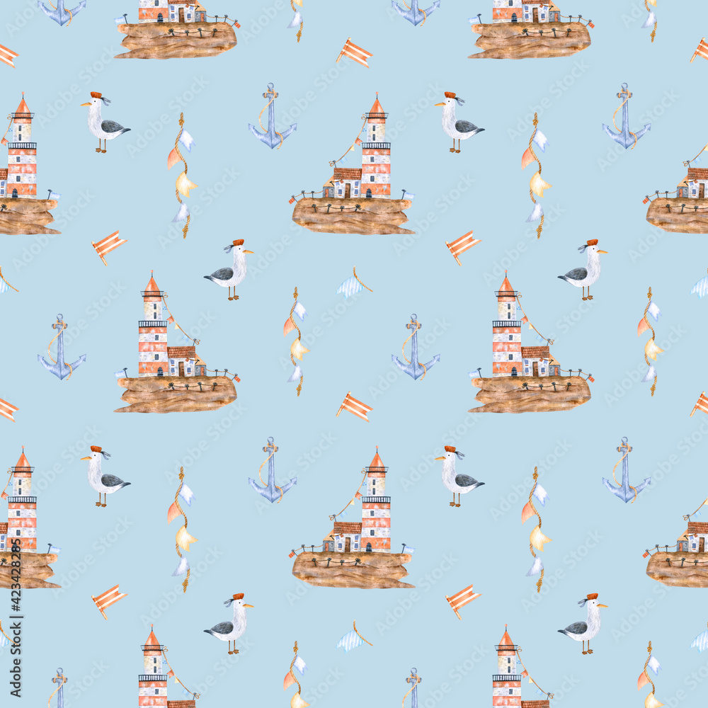 Watercolor marine pattern of festooned with flags,seagulls,lighthouses for design,decoration on blue.Great for cards,posters,coupons,baby products,decorative paper and any design.