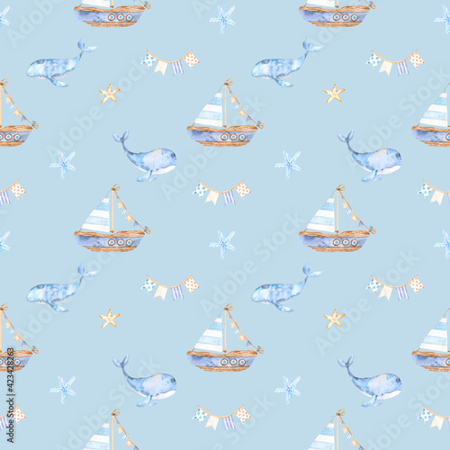Watercolor marine pattern of beige seashells,garlands with flags,blue whale and a boat for design and decor on blue. Great for cards, posters, coupons, baby products, decorative paper, and any design