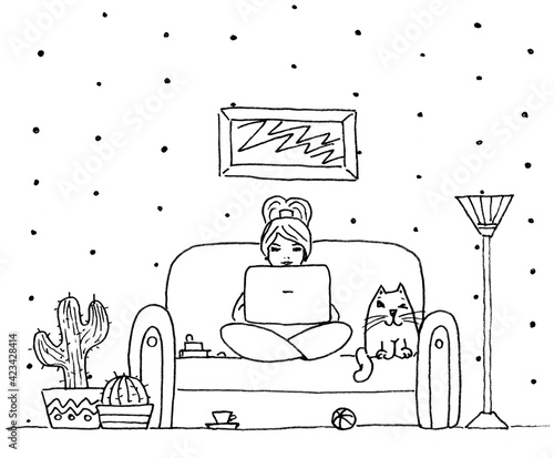 Drawing The interior is made in black liner on a white background.