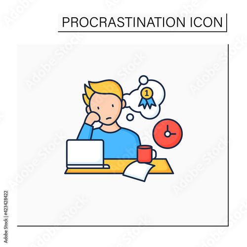 Procrastinator dreamer color icon. Dream about large, unattainable goals. Do not execute scheduled targets.Procrastination concept. Isolated vector illustration