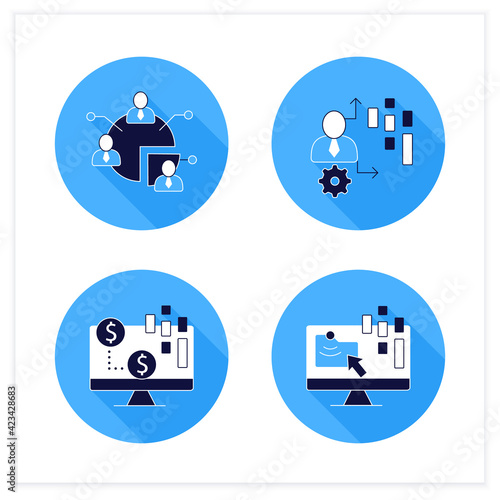 Customer data platform flat icons set. Audience segments, transactional data, behavioral date. Customer data concepts. Vector illustrations