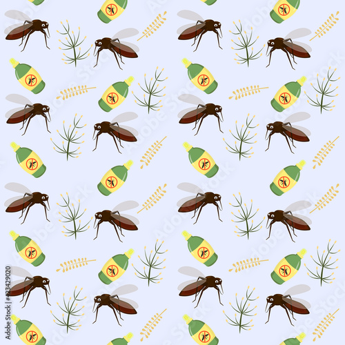 vector pattern on the theme of insects and mosquitoes. Illustration of a funny mosquito and a protective spray