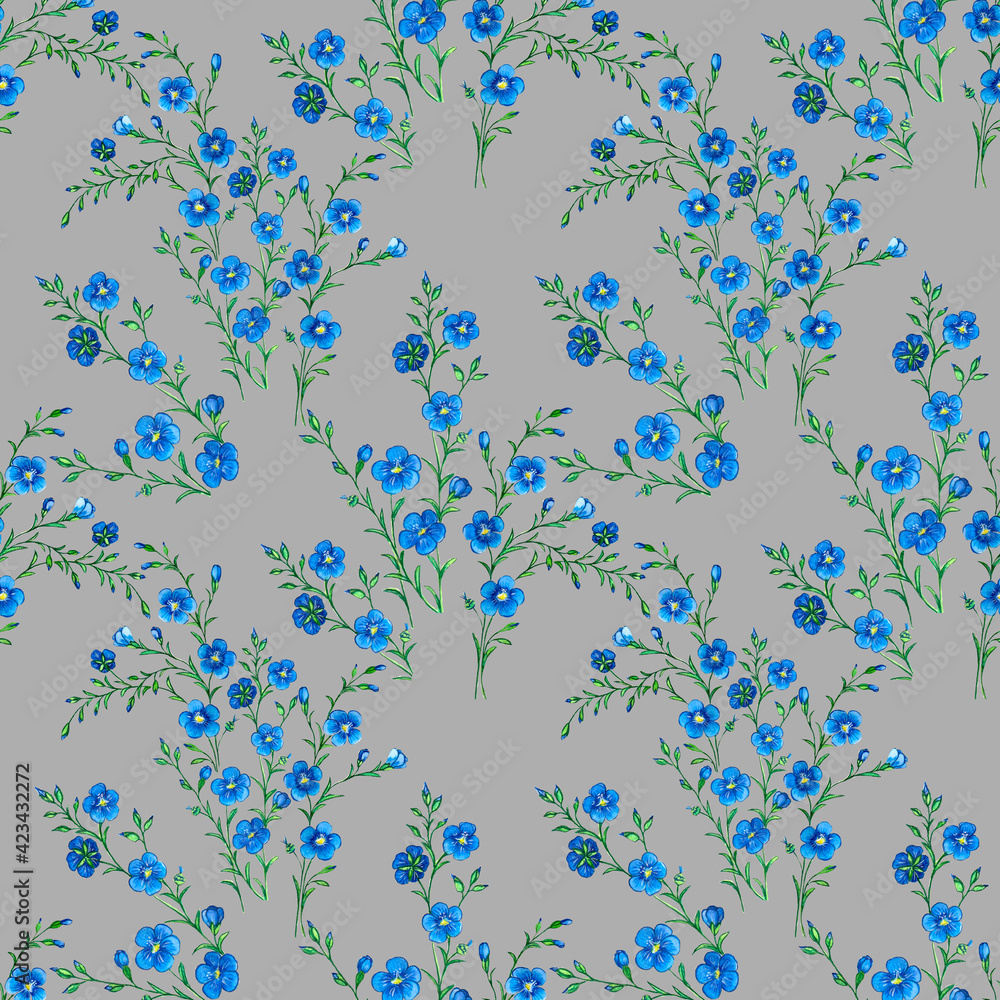 Pattern with blue flax flowers on a gray background. Pattern with blue flax flowers on a gray background.