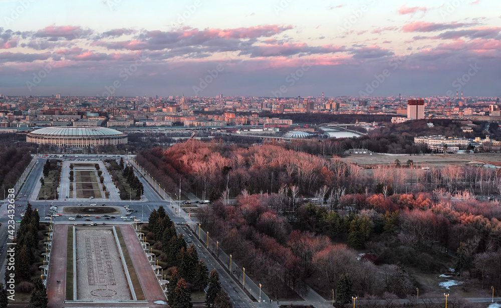 Aerial panoramic view of Lenin Hill area and downtown from high level point of Moscow State University in rose spring sunset