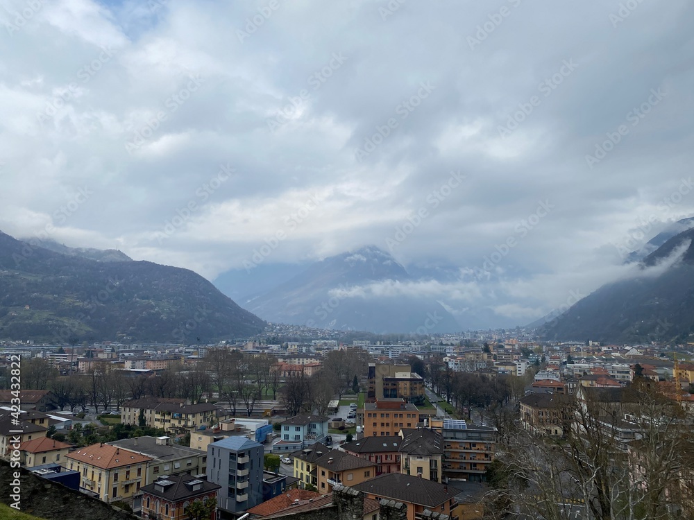 View of the city of Ascona, Switzerland. View of the lake and mountains, sunny day. Beautiful landscape