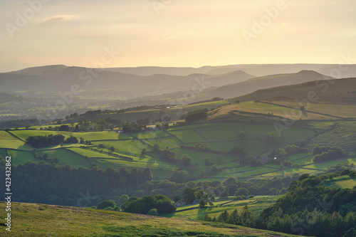 Close up of evening light on fields in the Hope Valley, Peak District, UK