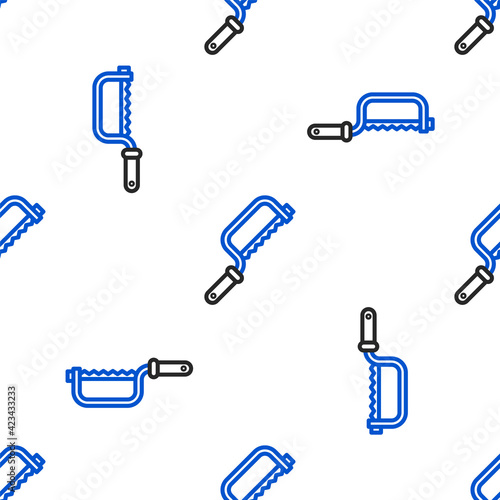 Line Hacksaw icon isolated seamless pattern on white background. Metal saw for wood and metal. Colorful outline concept. Vector