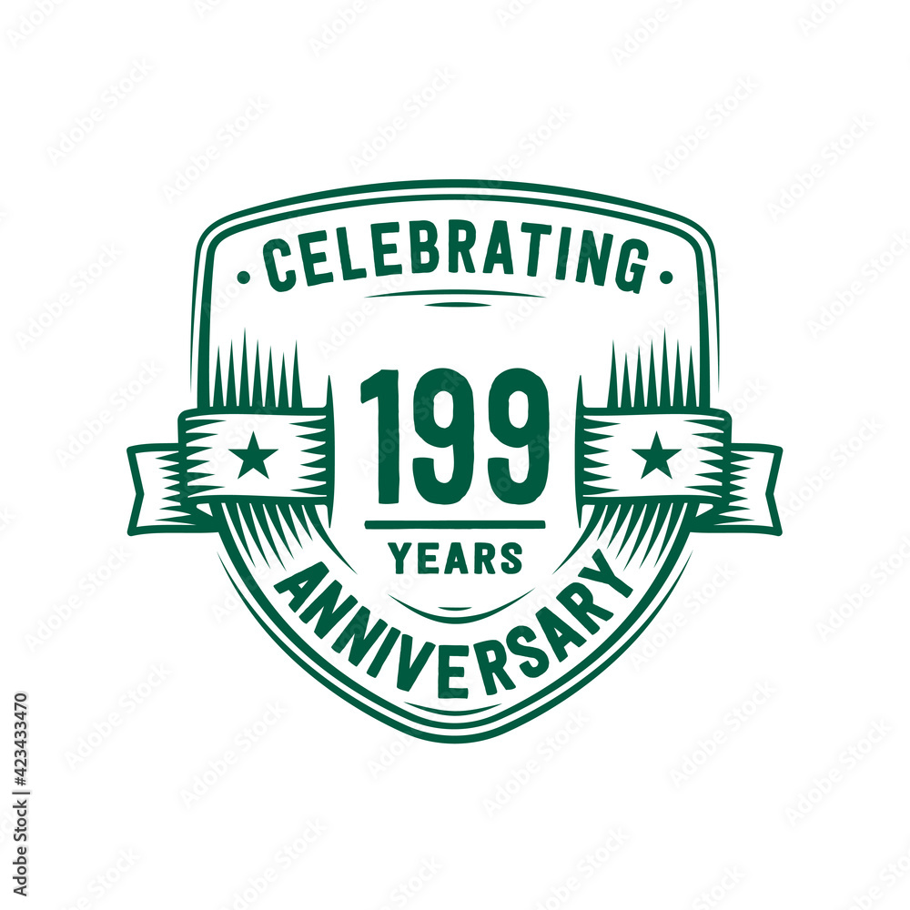 199 years anniversary celebration shield design template. 199th anniversary logo. Vector and illustration.
