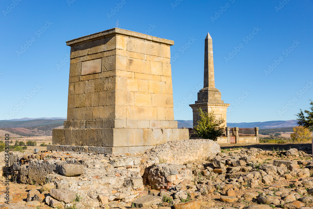 unfinished square pedestal of stone and an obelisk in honor of the Numantian heroes - Numancia, Garray, province of Soria, Castile and Leon, Spain