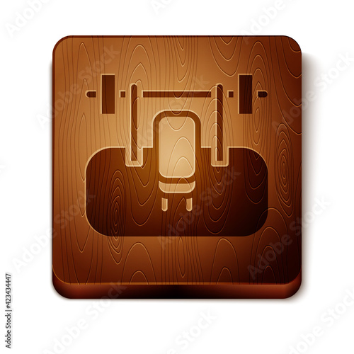 Brown Bench with barbel icon isolated on white background. Gym equipment. Bodybuilding, powerlifting, fitness concept. Wooden square button. Vector