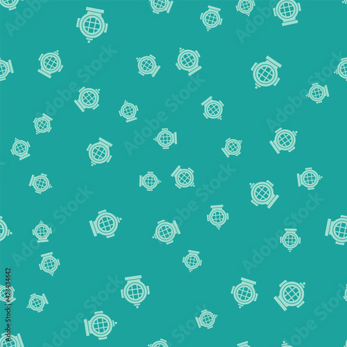 Green Aqualung icon isolated seamless pattern on green background. Diving helmet. Diving underwater equipment. Vector
