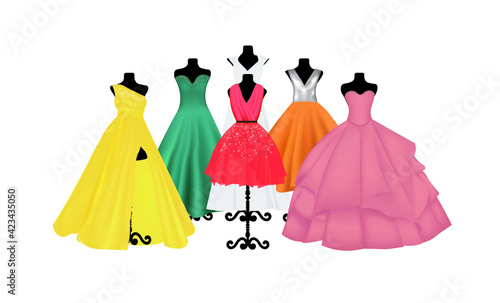 Elegant dresses on mannequin set, vector