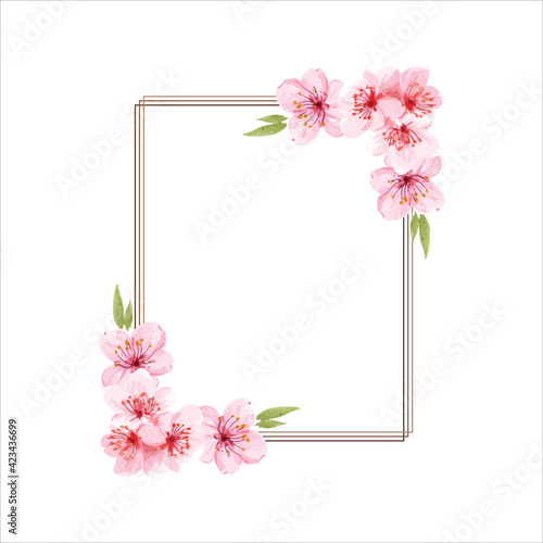 Spring floral border. Cherry blossoms pink flowers frame, Flower branches vector frame illustration, tree blossom flowers border template. Pink cherry blossom branches, buds on twigs.