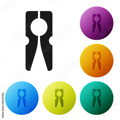 Black Old wood clothes pin icon isolated on white background. Clothes peg. Set icons in color circle buttons. Vector
