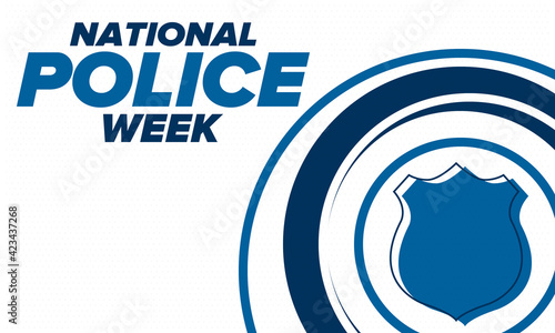 National Police Week in May. Celebrated annual in United States. In honor of the police hero. Police badge and patriotic elements. Officers Memorial Day. Poster, card, banner. Vector illustration