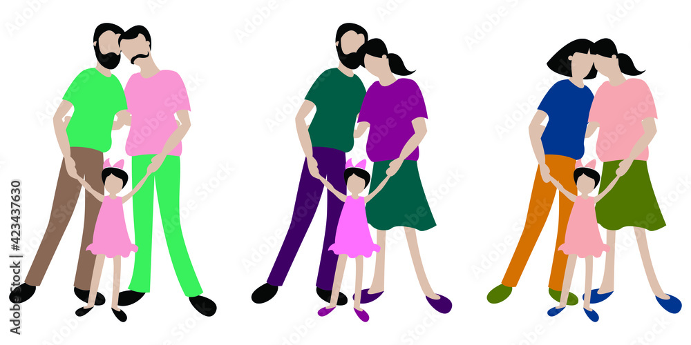 Vector graphics-set of married couples with a child-traditional family and homosexual-two mothers and two fathers with a young daughter isolated. Concept - social equality and the LGBT community