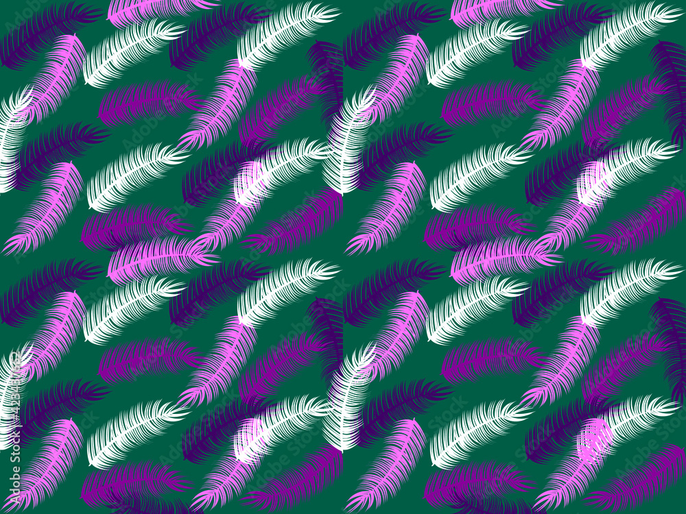 Vector graphics - pink, lilac and white feathers on a dark green background-a seamless pattern of the trending color palette. Concept packaging or wallpaper
