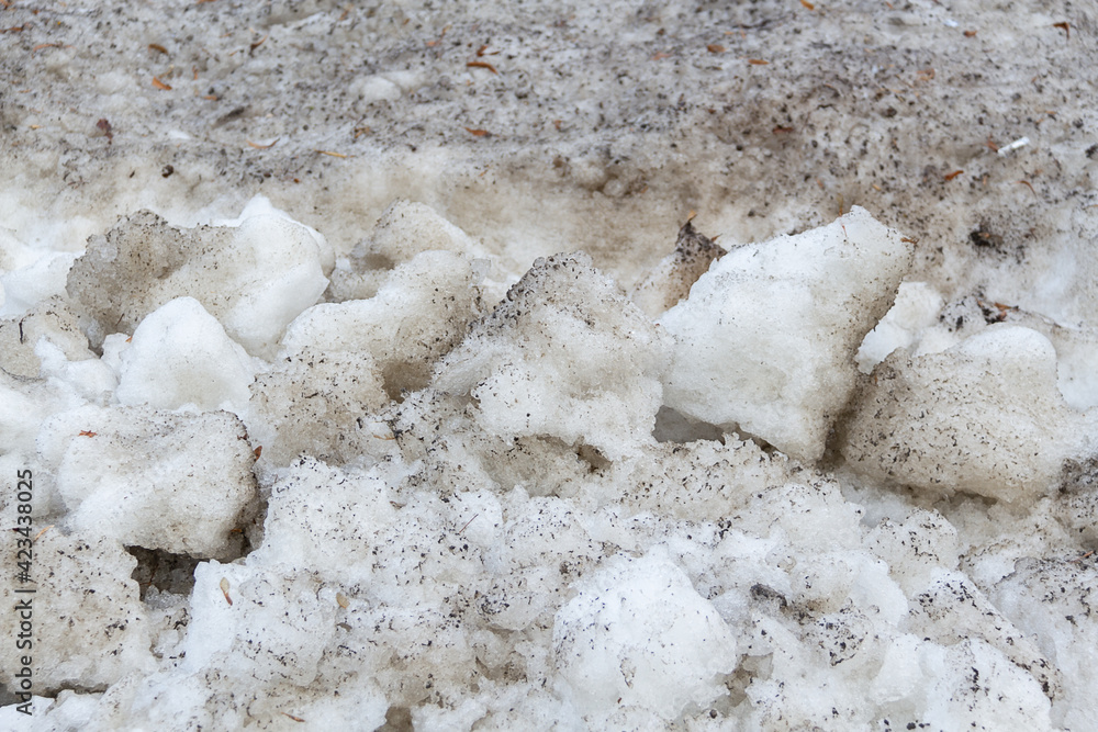Early spring time dirty gray melted snow with sand pattern texture close-up Early spring time dirty gray melted snow with sand pattern texture close-up