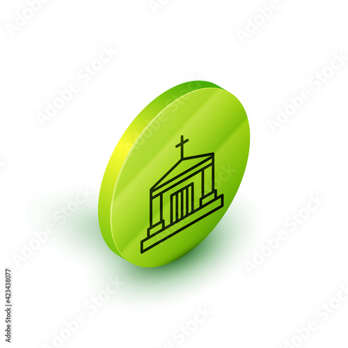 Isometric line Old crypt icon isolated on white background. Cemetery symbol. Ossuary or crypt for burial of deceased. Green circle button. Vector