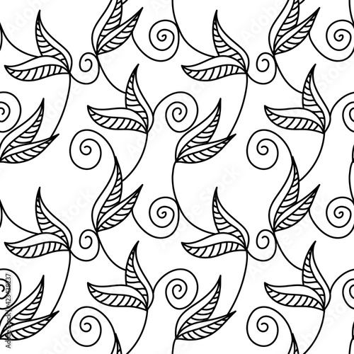 Vector seamless pattern with leaves. Leaves and whorls made with a black line. Light spring pattern on white background. Pattern for wallpaper  textiles  wrapping paper  objects.