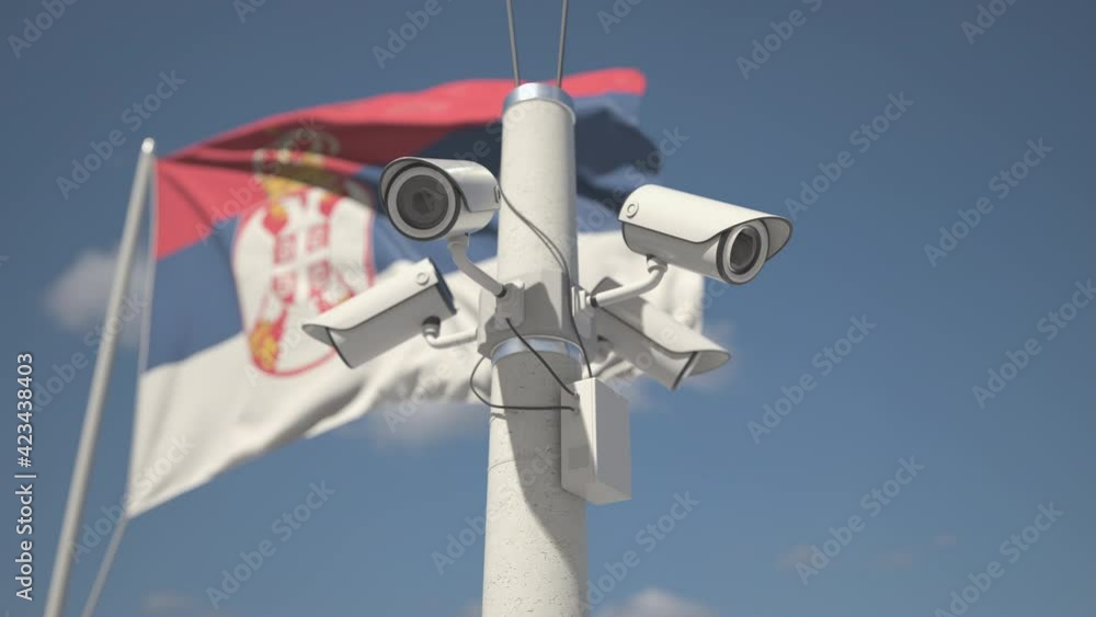 Flag of Serbia and four security cameras on the pole, looping 3d animation Flag of Serbia and four security cameras on the pole, looping 3d animation