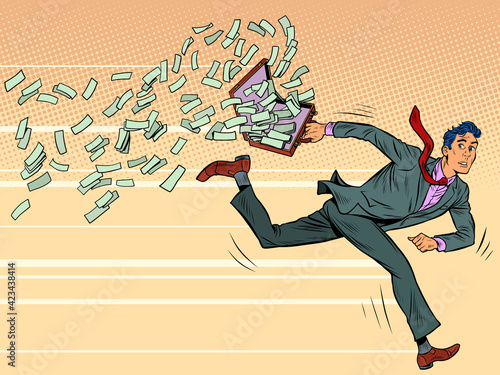 businessman runs and loses money Pop art retro illustration