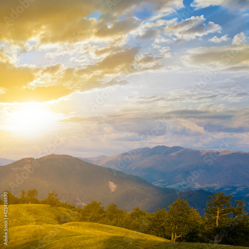 beautiful green mountain valley at the sunset, evening outdoor travel scene © Yuriy Kulik