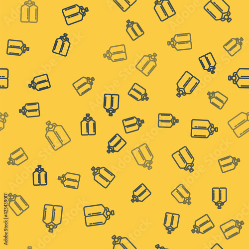 Blue line Aqualung icon isolated seamless pattern on yellow background. Oxygen tank for diver. Diving equipment. Extreme sport. Diving underwater equipment. Vector