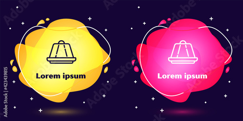 Set line Pudding custard with caramel glaze icon isolated on blue background. Abstract banner with liquid shapes. Vector