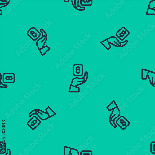 Blue line Hand holding Bitcoin icon isolated seamless pattern on green background. Blockchain technology, digital money market, cryptocoin wallet. Vector
