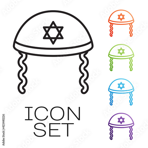 Black line Jewish kippah with star of david and sidelocks icon isolated on white background. Jewish yarmulke hat. Set icons colorful. Vector