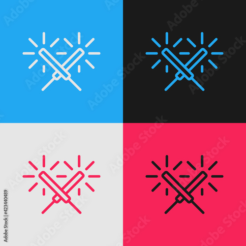 Pop art line Sparkler firework icon isolated on color background. Festive Christmas sparkler candle lights. Merry Christmas and Happy New Year. Vector