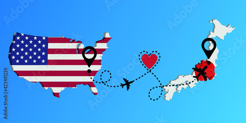 America and Japan flag and a heart shape vector airplane. Airplane flight path and route. flight concept from america to japan. on a white background. 