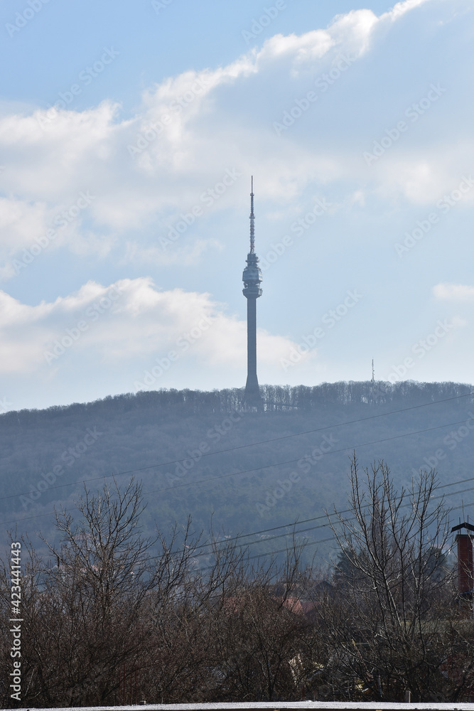 Obraz premium Landscape and view of the tower on Avala in the mist