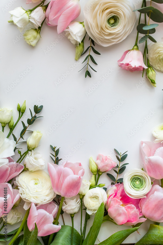 Pink and white flowers border design over the white Pink and white flowers border design over the white