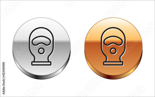 Black line Balaclava icon isolated on white background. A piece of clothing for winter sports or a mask for a criminal or a thief. Silver-gold circle button. Vector