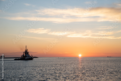 tugboat sailing on the sea at sunrise © Denis