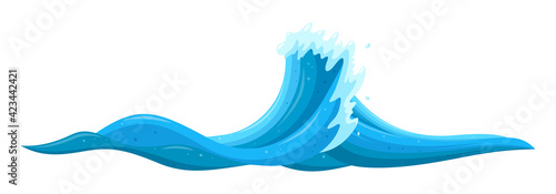 Curling wave causing flood. Tsunami wave splash in cartoon style. Vector illustration isolated in white background