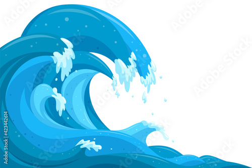 Tsunami waves background. Flood ocean waves in cartoon style. Vector illustration in white background