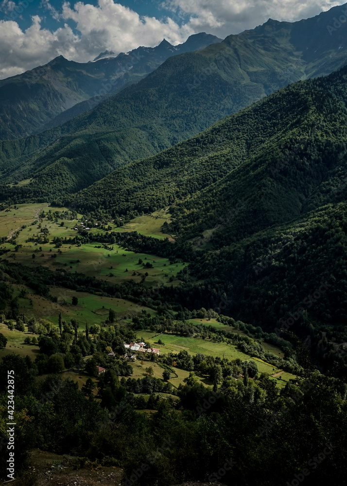 Fototapeta premium A mountainous region and a few village in Georgia.