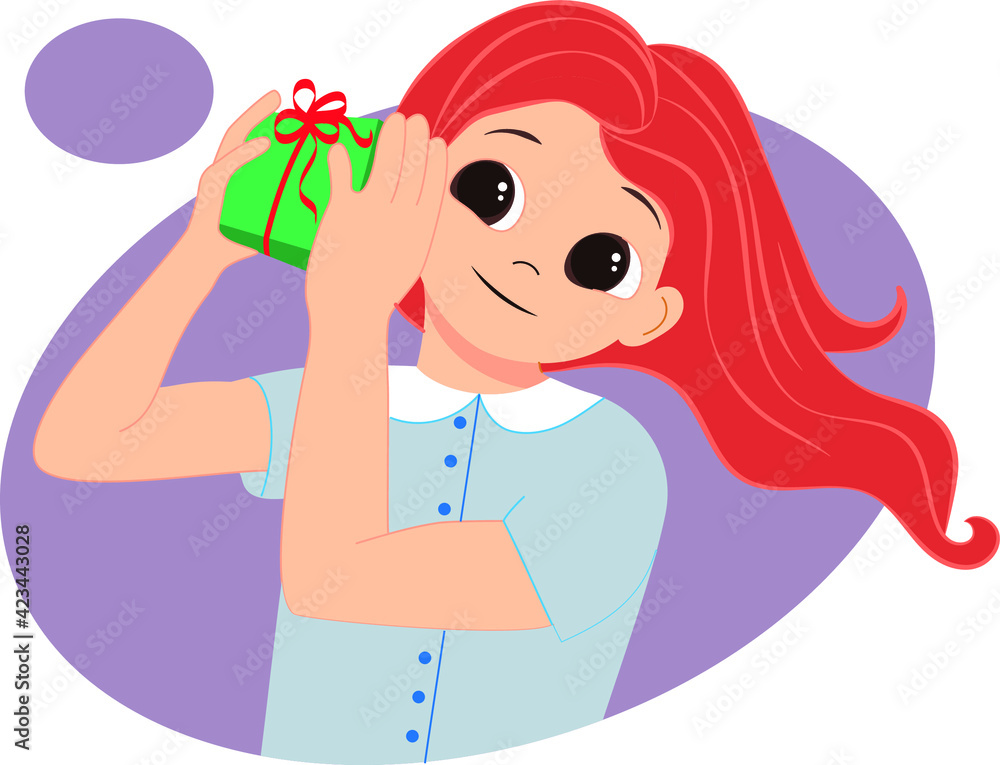 Little girl holding a gift, present for birthday, holiday, Christmas, new year. Flat vector cartoon illustration isolated on white background Little girl holding a gift, present for birthday, holiday, Christmas, new year. Flat vector cartoon illustration isolated on white background