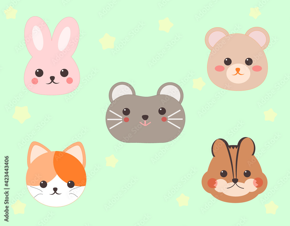Set of funny cute animal faces (rabbit, bear, mouse, cat, chipmunk). Isolated hand-drawn vector elements. 