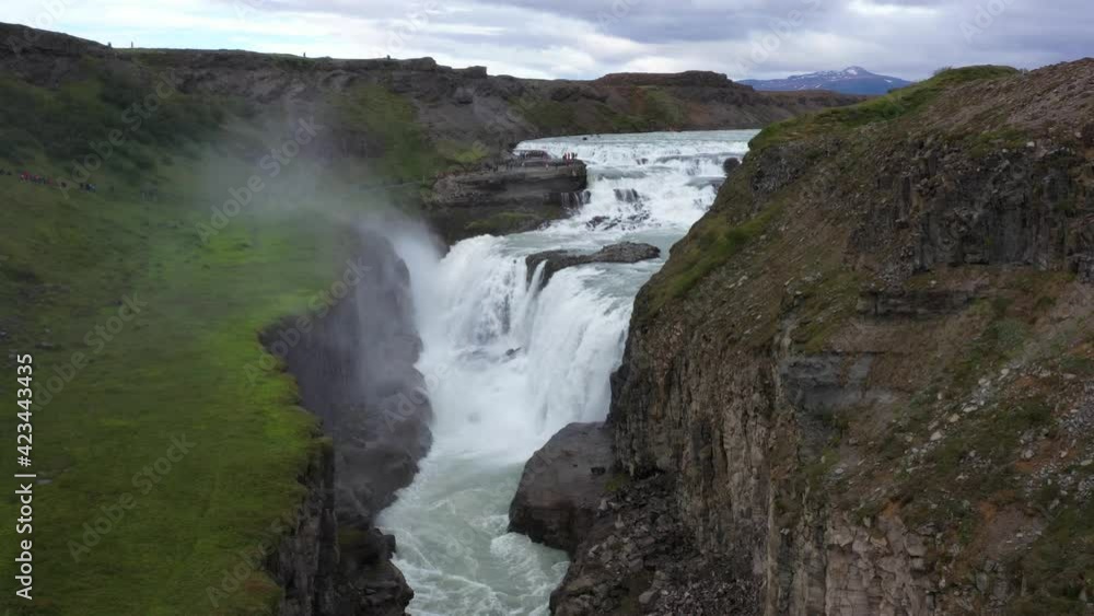 Beautiful aerial shot of Gullfoss waterfall. Powerfull river stream in Iceland. Famous icelandic waterfall, Golden foss Beautiful aerial shot of Gullfoss waterfall. Powerfull river stream in Iceland. Famous icelandic waterfall, Golden foss